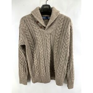 Polo Ralph Lauren Men's L Cable Knit Sweater Wool Viscose Shawl Collar Donegal